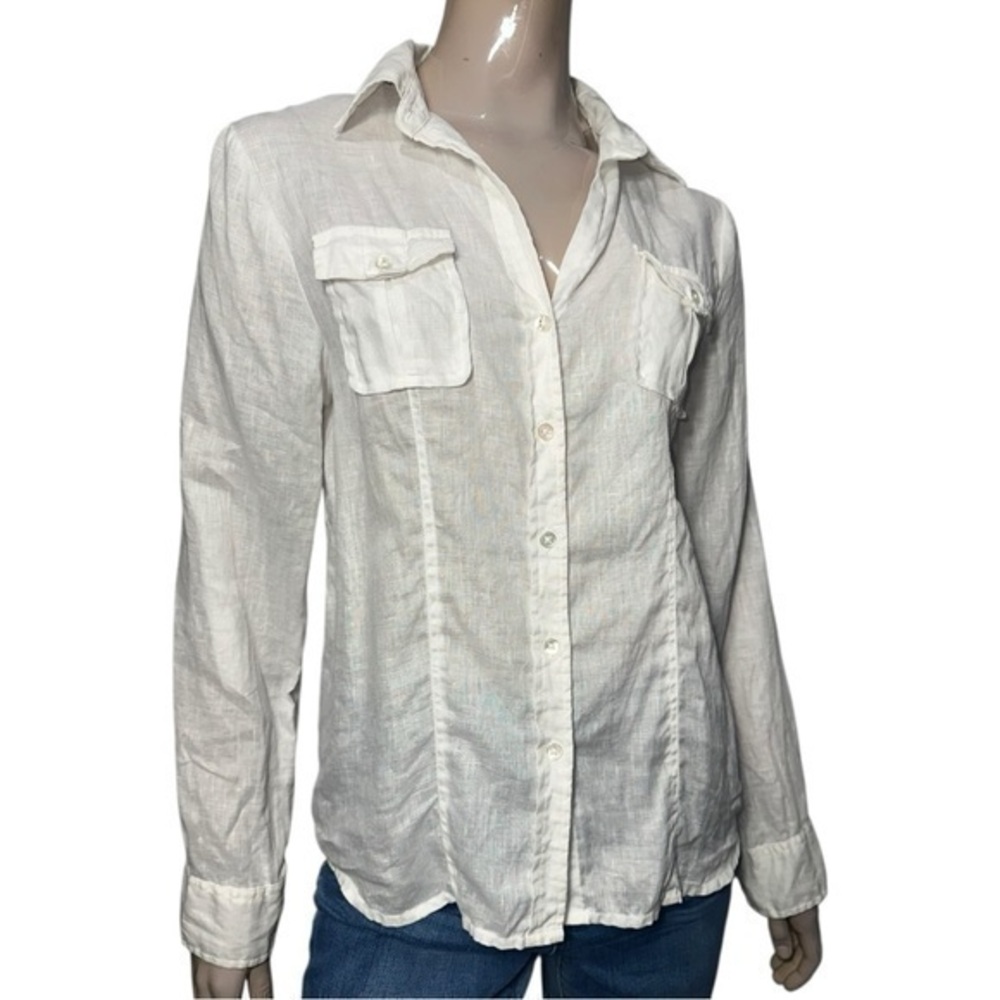 Creme Fraiche Melissa Women’s Size M White Linen Roll Tab Button Down Shirt